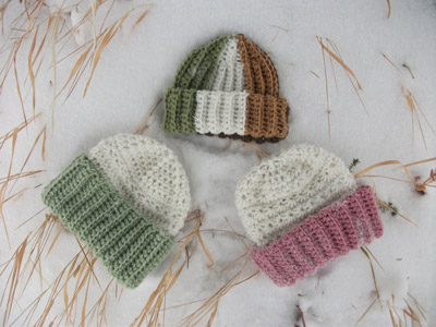 Crochet Childs Hats Beanies Color Blocks in Greens Rose Aran Brown