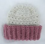 Crochet Childs Hat Beanie Pink White Ivory Ribbed Girls Teens Womens