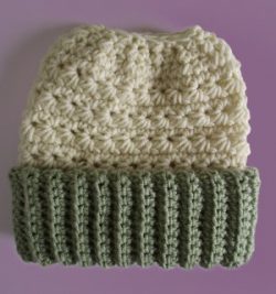 Crocheted Beanie Messy Bun Hat Double Brim Vanilla Celery Green